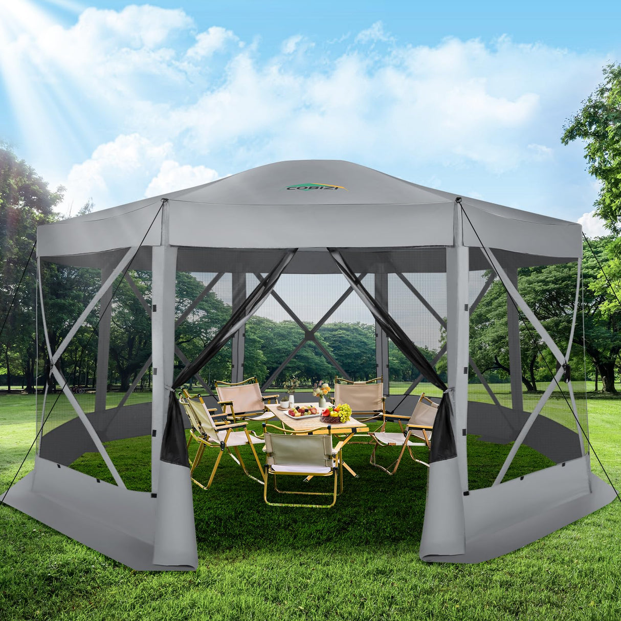 COBIZI Pop Up Gazebo Screen Tent Screen House for Camping, 15x15 Screen Room with Mosquito Netting, Hub Tent Instant Screened Canopy with Carrying Bag and Ground Stakes, Gray COBIZI