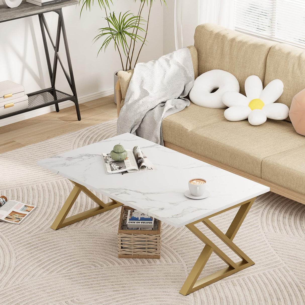 Wolawu Coffee Table Living Room Table White Center Table, Simple Modern Faux Marble Rectangular Tea Tables with Sturdy Gold Metal Frame,Industrial Wooden Coffee Table for Bedroom Home Office Wolawu