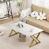 Wolawu Coffee Table Living Room Table White Center Table, Simple Modern Faux Marble Rectangular Tea Tables with Sturdy Gold Metal Frame,Industrial Wooden Coffee Table for Bedroom Home Office Wolawu