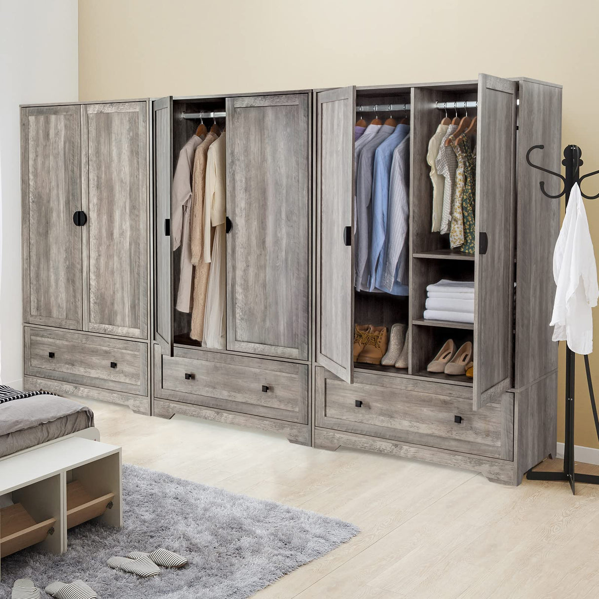VINGLI Wide Armoire Wardrobe Closet with Hanging Rod, Adjustable Shelves and Drawer, Freestanding Wardrobe Closet with Doors, Bedroom Armoires and Wardrobes, Rustic Grey VINGLI