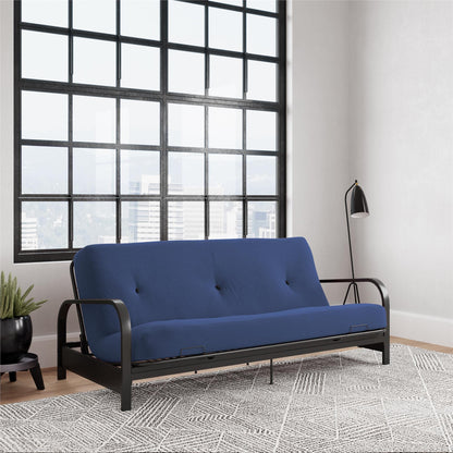 DHP Cleo Futon Set with Black Metal Sofa Bed Frame and 6" Mattress, Full Size, Blue