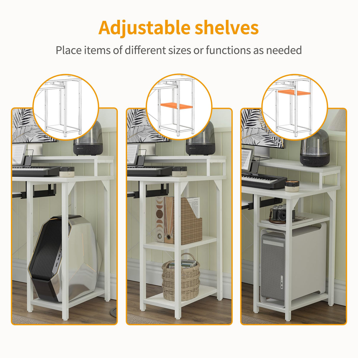 CubiCubi Computer Desk with Keyboard Tray, 47 Inch Office Desk with Monitor Stand and Storage Shelves, Music Studio Desk, Work Table Gaming Desk, White CubiCubi