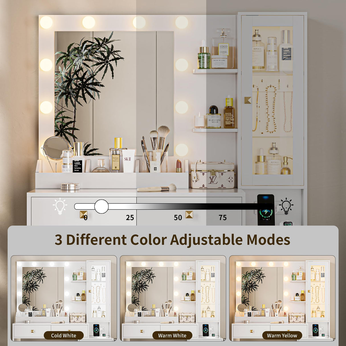 Vanity Desk with Mirror and Lights, White Makeup Vanity with 5 Drawers Hidden Jewelry Organizer& LED Glass Cabinet,3 Lights Mode and Brightness Adjusted,Vanity Mirror with Lights Desk and Chair HUANLEGO