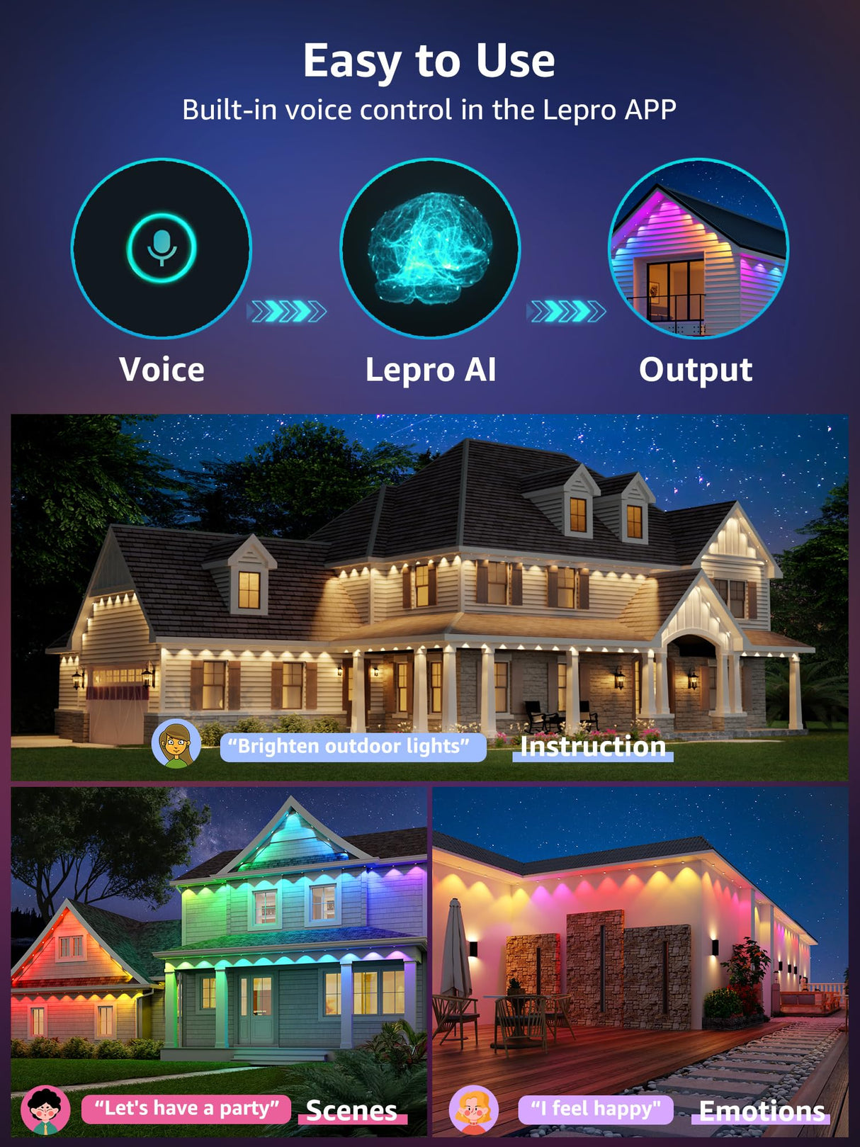 Lepro E1 AI Permanent Outdoor Lights APP Control, 100ft 60 LED Smart RGB+IC+Warm/Cool White House Eave Light for Halloween Christmas, Alexa Google Enabled, 2.4 GHz WiFi/Bluetooth, NO Remote Controller Lepro