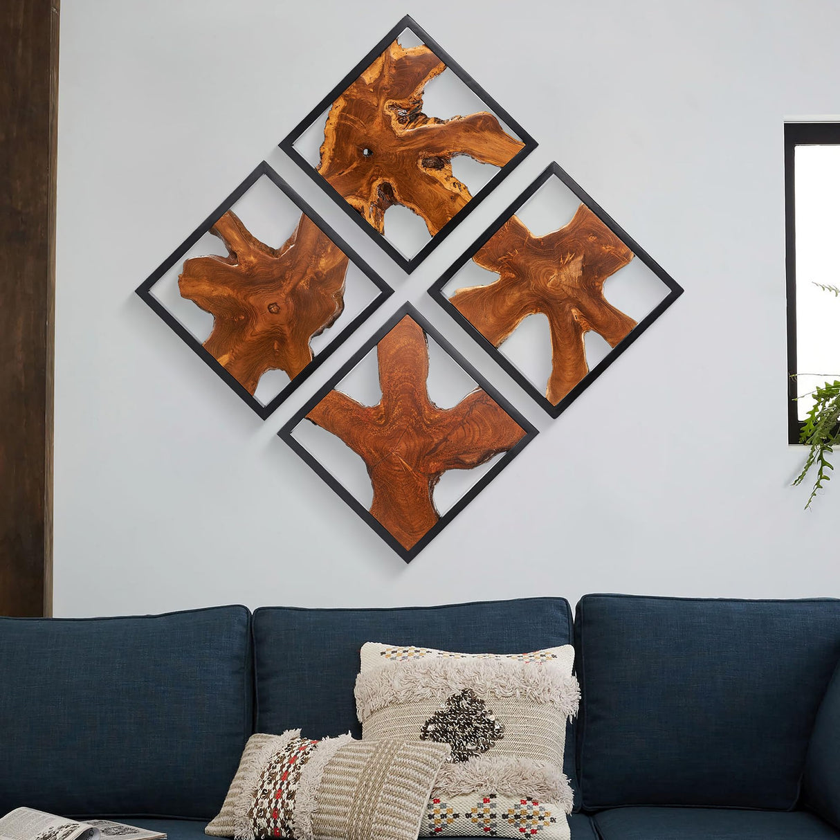 Warmaxx Rustic Teak Wood Wall Decor 17''x17 Farmhouse Live Edge Wall Art Decoration for Home Living Room Bedroom Office Handcrafted Square Wooden Flower Design Wall Décor Warmaxx