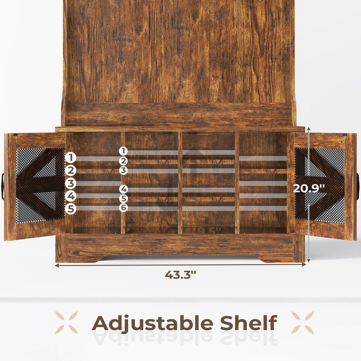 Itaar Hall Tree with Bench and Shoe Storage, 5-in-1 Entryway Bench with Coat Rack, 10 Shoe Cubbies & 9 Coat Hooks, Barn Door & Adjustable Shelf (Rustic Brown) Itaar