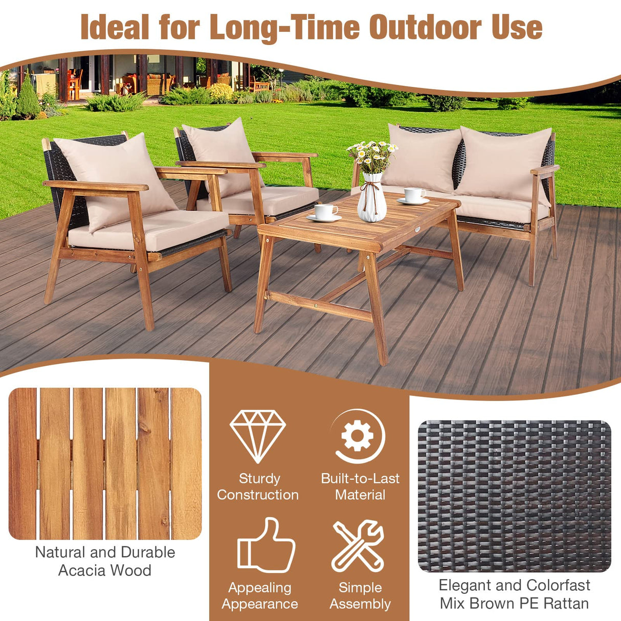 DORTALA 8 Piece Wicker Patio Furniture Set, Outdoor Acacia Wood & Rattan Coversation Sets with Chairs, Loveseat, Coffee Table for Backyard Porch Garden Poolside Balcony, Brown DORTALA