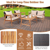 HAPPYGRILL 4 Piece Outdoor Furniture Set Rattan Sofa Set Acacia Wood Frame Conversation Set with Coffee Table, Sectional Furniture Set with Cushions for Backyard Porch Garden Poolside Balcony HAPPYGRILL