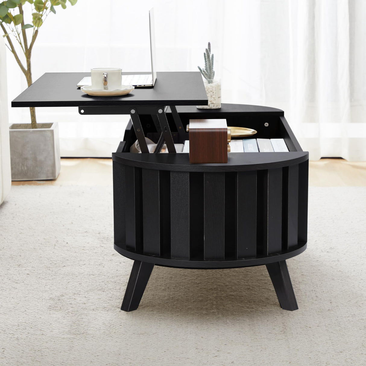 FurSch Wood Lift Top Coffee Table with Hidden Storage, 47.24" Oval Lift Table Top Curved Profile Design Conversation Table for Living Room, Office (Black) FurSch