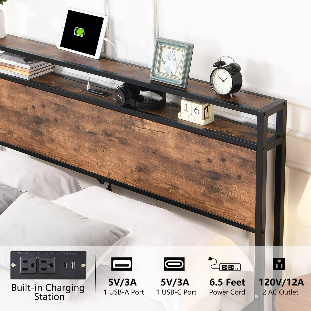 XKLOGER Queen Bed Frame with Headboard, Metal Platform Bed Frame with Charging Station & 2 Storage Drawers, Easy Assembly/Noise-Free/No Box Spring Needed/Brown XKLOGER