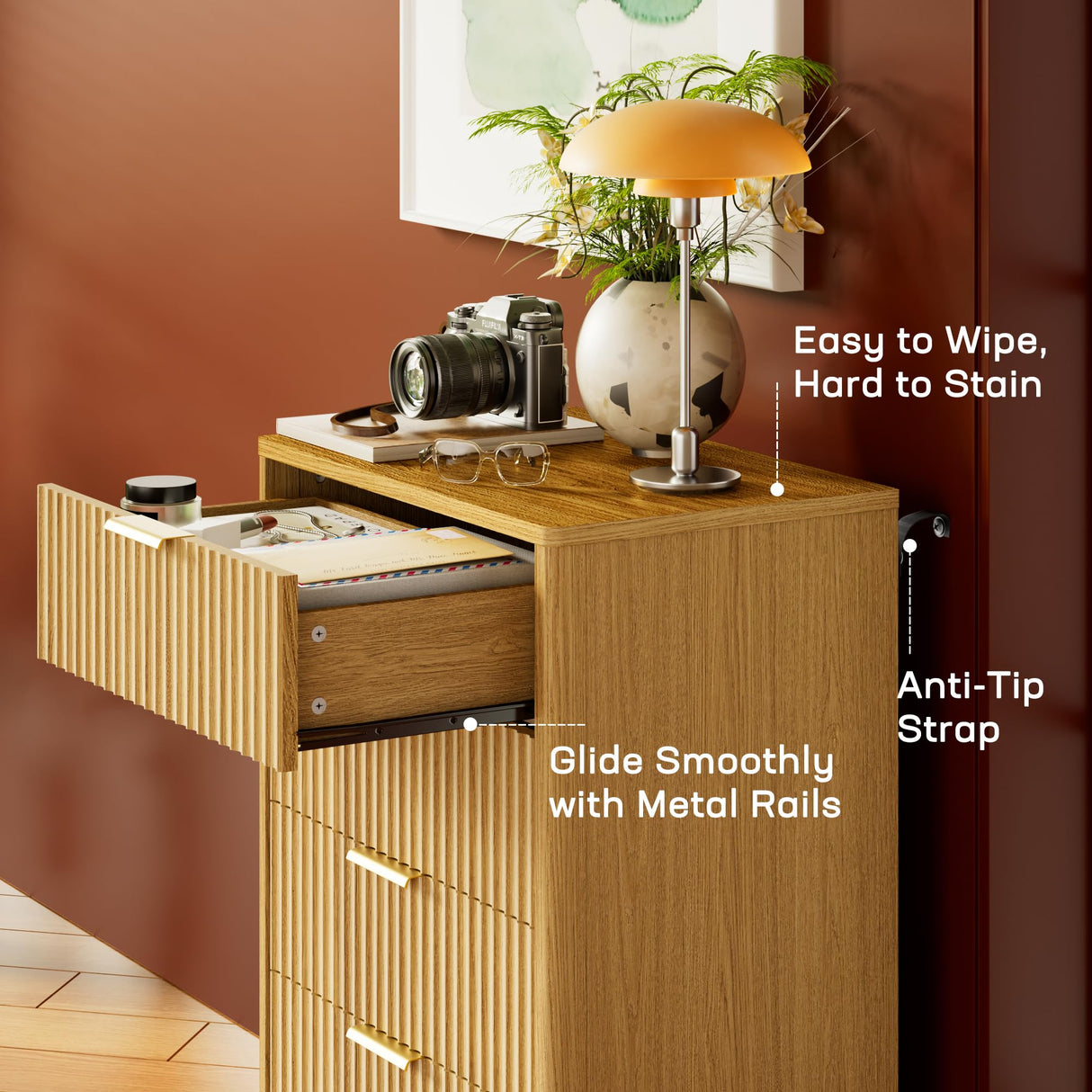 Marsail Fluted 5-Drawer Tall Wooden Dresser, Smooth Gliding Drawers & Large Capacity Storage Space, Modern Organizer Cabinet for Bedroom or Hallway, Natural Oak Marsail