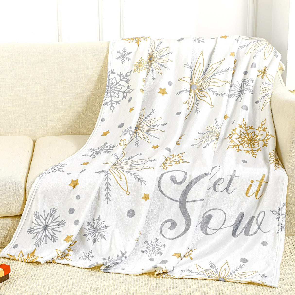 Buryeah 50'' x 60'' Winter Snowflake Throw Blanket White Let It Snow Blanket Plush Warm Gold Silver Christmas Winter Decor for Sofa Couch Bed Buryeah