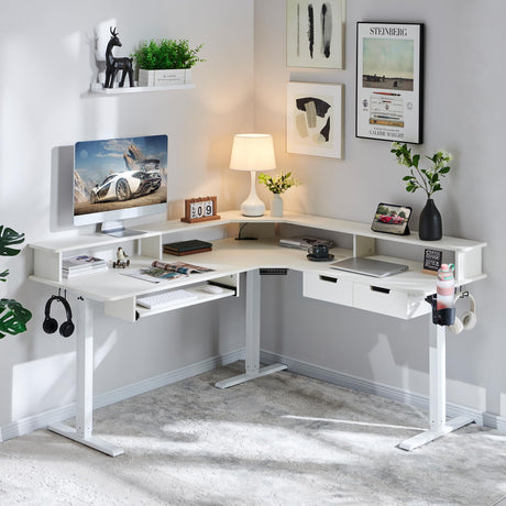 RedLemon 60 Inches L Shaped Electric Standing Desk, Height Adjustable Corner Gaming Desk with Drawers, Keyboard Tray, Power Outlets & LED Lights, Comnputer Desk with Monitor Shelf, Antique White RedLemon