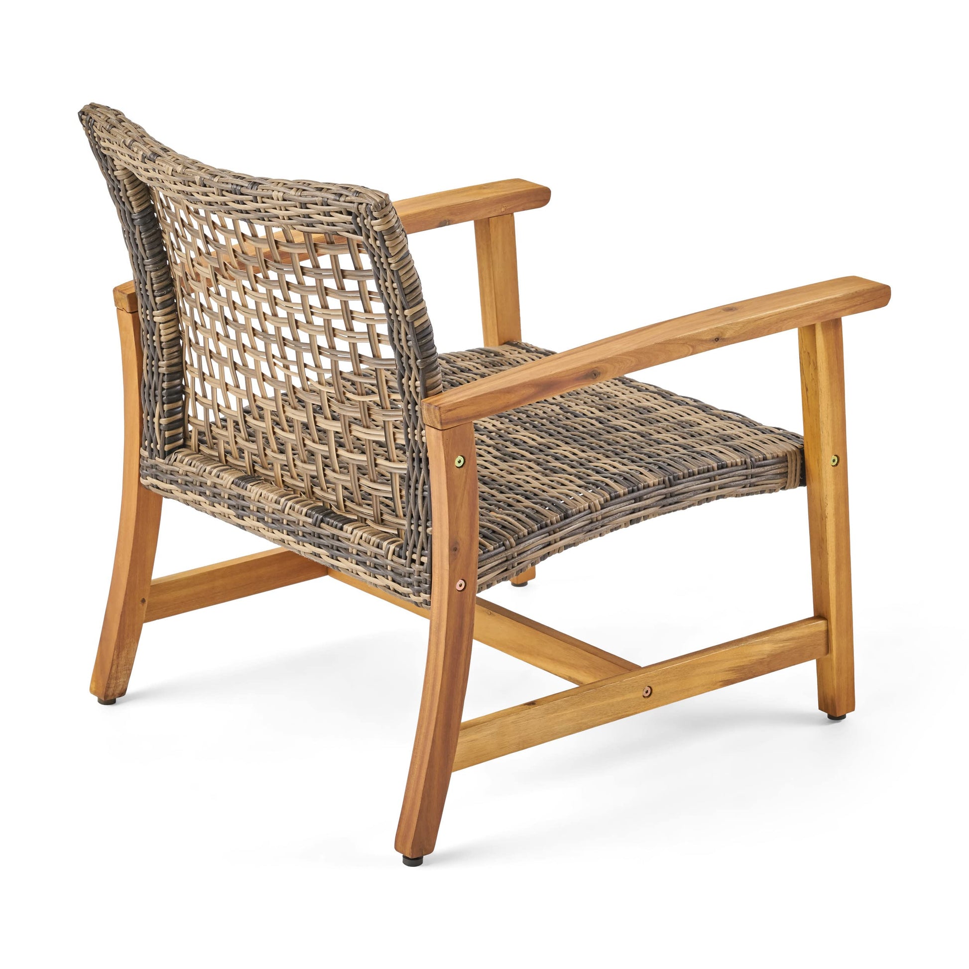 Christopher Knight Home Hampton Outdoor Mid-Century Wicker Club Chairs with Acacia Wood Frame, 4-Pcs Set, Natural Stained / Grey - WoodArtSupply