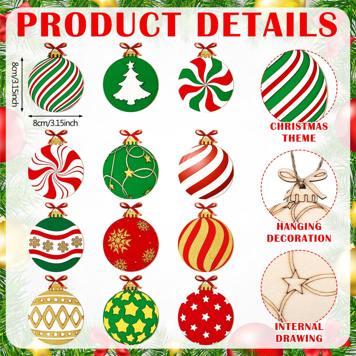 Cinnvoice 60 Pcs Wood Christmas Crafts for Adults DIY Paint Xmas Ornaments Blank Unfinished Wooden Cutouts Shapes Slices Hanging Embellishment for Christmas Tree Holiday Party Decor(Ball) Cinnvoice