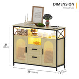 JDPAG 40” Rattan Sideboard Buffet Kitchen Storage Cabinet, LED Coffee Bar Cabinet with Charging Station, Cupboard Console Table with Adjustable Shelves (Natural) JDPAG