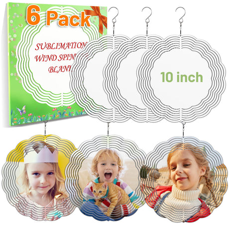 Remiawy Sublimation Wind Spinner Blanks, 6 Pack 10 Inch 3D Aluminum Metal Hanging Wind Spinners Sublimation Blanks Kinetic Sculpture DIY Crafts for Yard Garden Indoor Outdoor Porch Decoration Round REMIAWY
