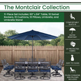 Hanover Montclair 11-Piece Outdoor Dining Set, All-Weather Outdoor Patio Dining Set, 10 Swivel Rocker Chairs with Seat and Lumbar Cushions, 84"x60" Stamped Rectangle Table, Umbrella, and Umbrella Base Hanover