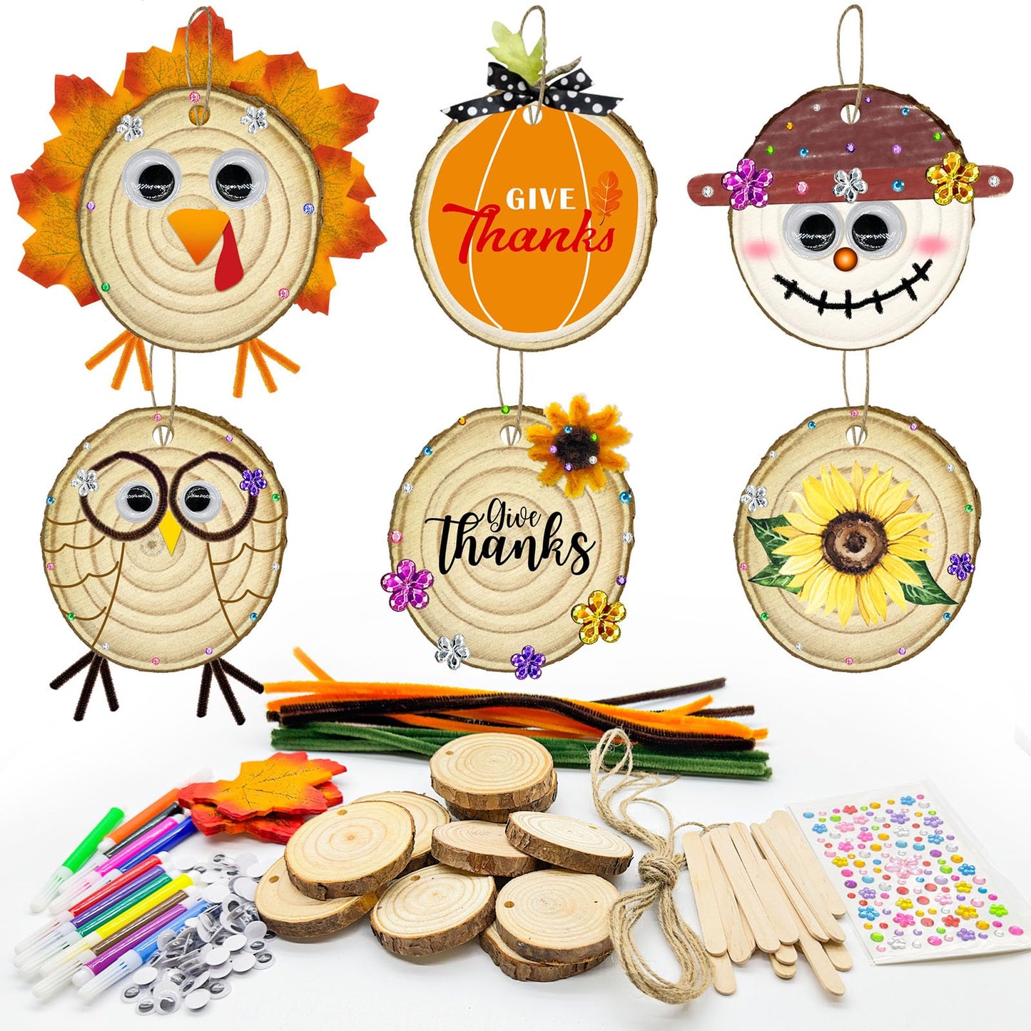 24 Set Fall Wooden Painting Crafts Kit,Unfinished Wood Slices with Holes Round Log DIY Crafts Hanging Ornaments Thanksgiving Fall Pumpkin Painting Kits Bulk for Classroom Activity DIY Art Projects