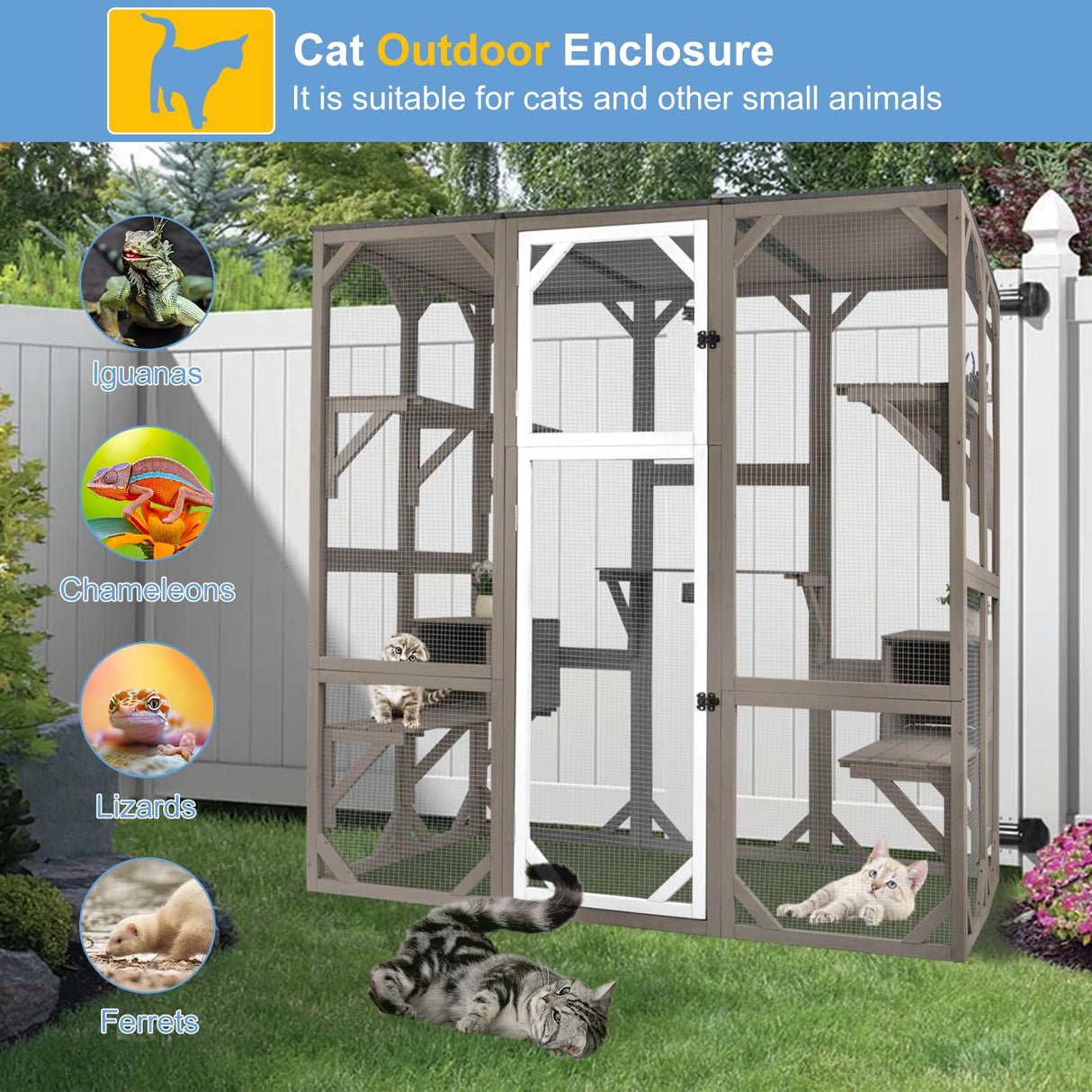 Ketive Outdoor Catio Cat Enclosure, Large Cat House with Multi-Level Platforms, Waterproof Roof, and Pull-Out Tray (71.45" L x 36.61" W x 70.86" H) ketive