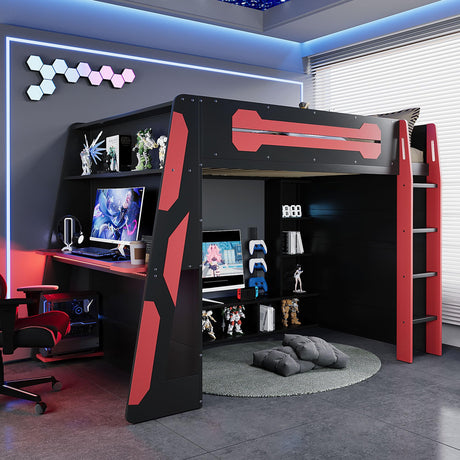 Modern Full Size Wood Gaming Loft Bed with Desk and Charging Station, Multi-Storage Shelves and LED,for Kids Teens Adults Bedroom Use (Red#RGB, Full) KLMM
