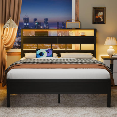 Furnulem Full Size Bed Frame with LED Light and Charging Station, Storage Headboard with 2-Tier Shelves, Metal Platform Bed with Heavy Duty Slats Support, No Box Spring Needed, Black Oak Furnulem