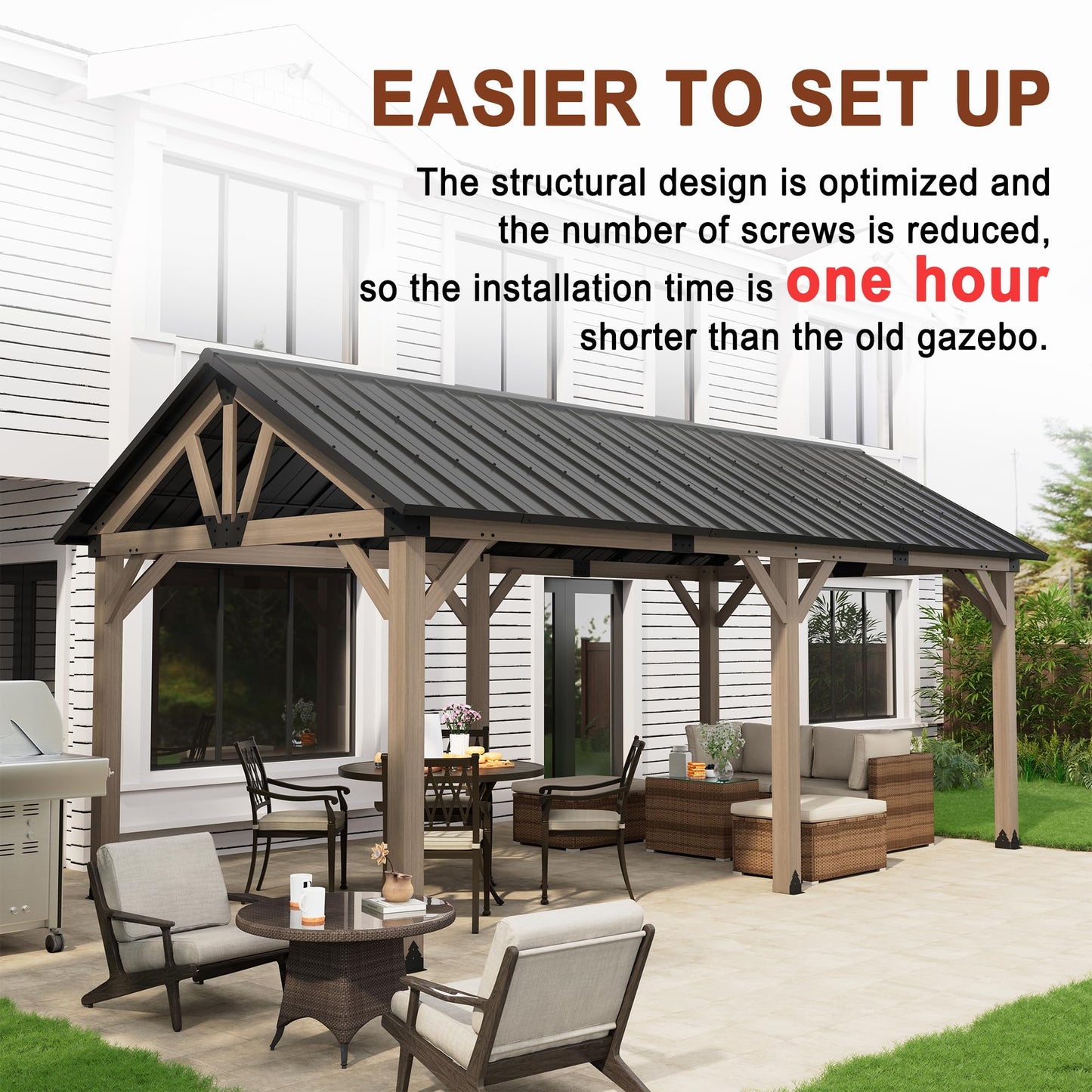 MONDAWE 12 x 20 ft. Wood Gazebo Cedar Framed Wooden Gazebo Patio Steel Hardtop Gazebo with Galvanized Steel Gable Hardtop Roof for Patio Lawn Backyard, Black Roof + Dark Wood Frame - WoodArtSupply