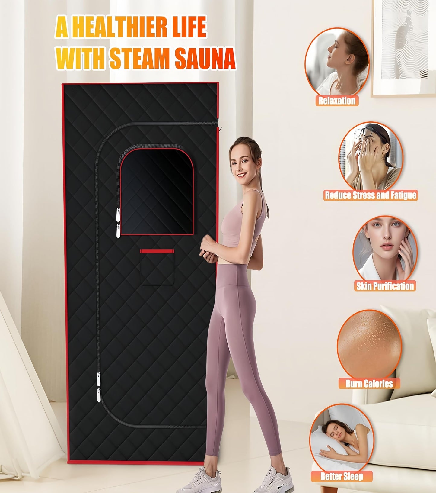 QIOMALA Portable Sauna Box, Steam Sauna Tent for Home, Four-Sided Full-Size Steam Sauna with 3 L Steamer, Chair, Remote Control, 2.6 X 2.6 X 5.9 Ft Large Space Sauna Room for Wellness & Relaxation