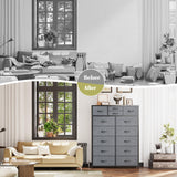 14 Drawer Dresser, Tall Fabric Dressers & Chest of Drawers, Large Bedroom Dresser for Bedroom, Closets, Living Room, Entryway, Wooden Top, Metal Frame, 52.2" H x 37.4" W x 11.8" D, Grey EnHomee