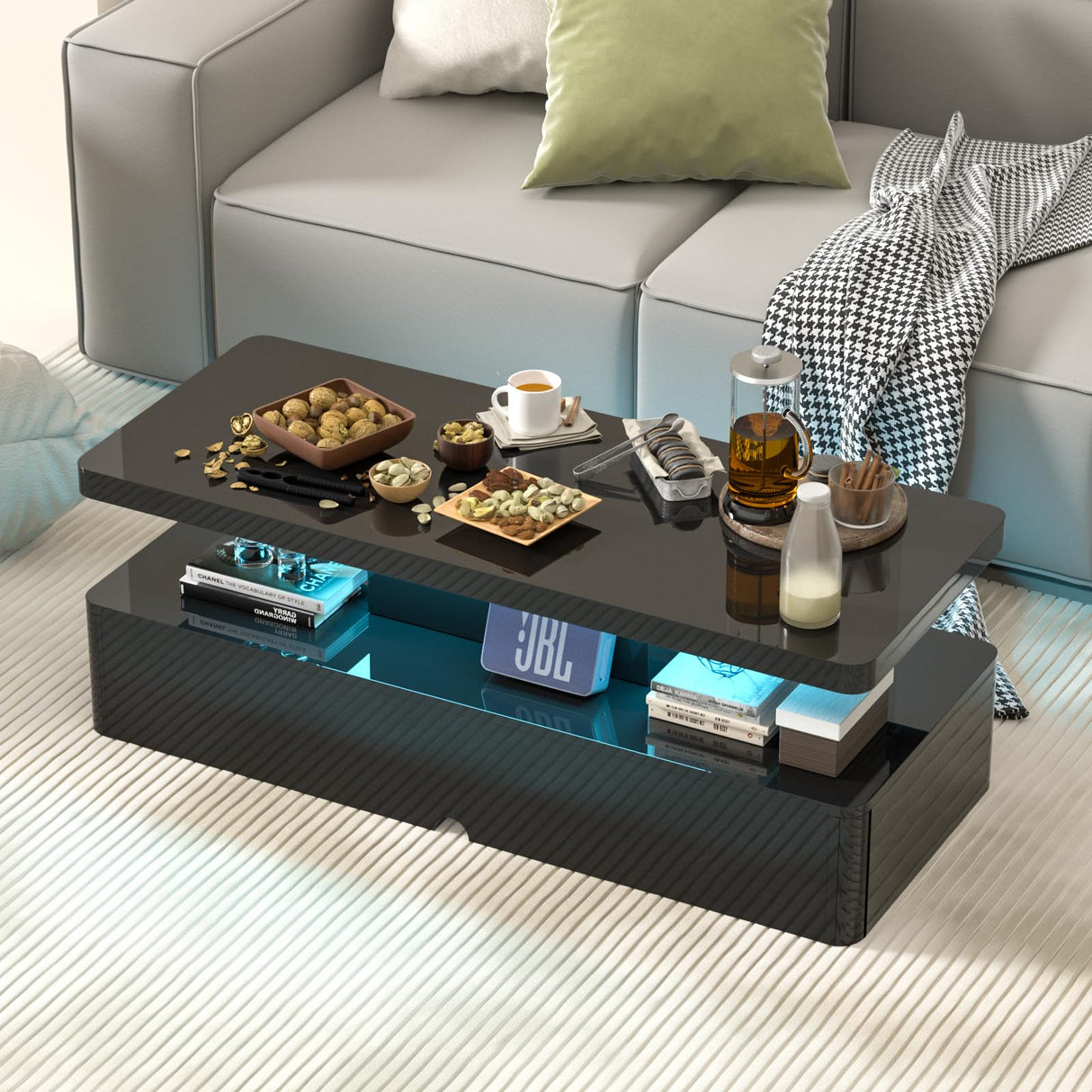 Breezestival 40'' Modern LED Coffee Table with 16 Colors Lights, Double-Layer Design for Living Room, Black Breezestival
