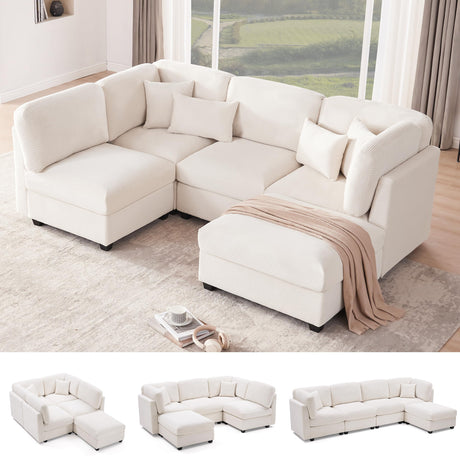 Huatean Home 125 Inch Oversized Corduroy Modular Sectional Sofa, U Shaped Modular Couch with Storage, 5 Seat Convertible Corduroy Couch, Comfy Sectional Couches for Living Room with Foam, Light Beige Huatean Home