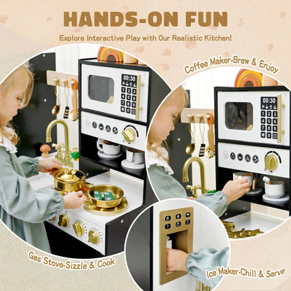 Wooden Play Kitchen Set for Kids – Interactive Pretend Toddler Kitchen Playset with 12 Kitchen Toy Accessories, Perfect for Ages 3+