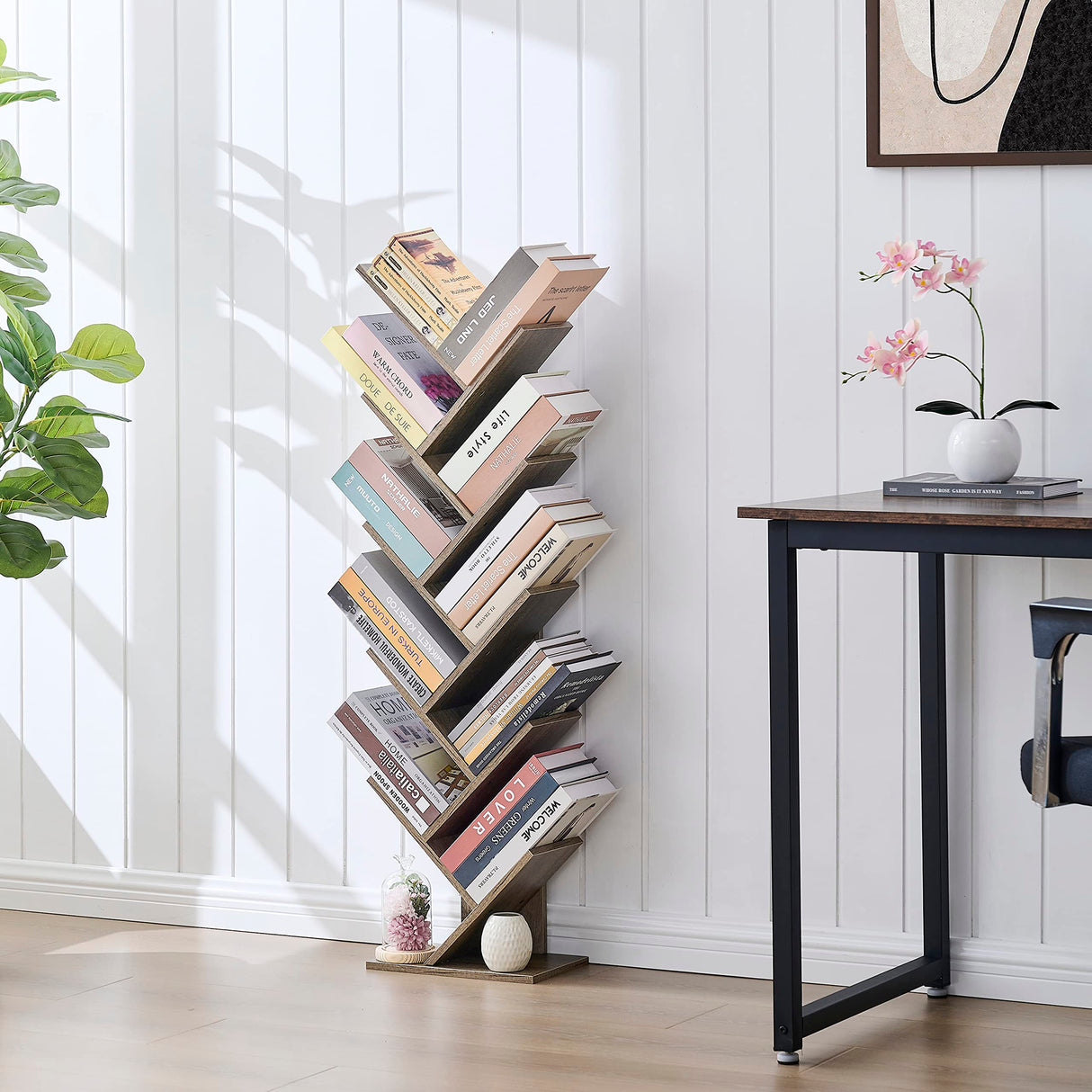 Hoctieon 10 Tier Tree Bookshelf, 10 Shelf Bookcase, Free Standing Tree Bookcase, Display Floor Standing Shelf for Books, Book Organizer Shelves for Home Office, Living Room, Bedroom, Greige Hoctieon