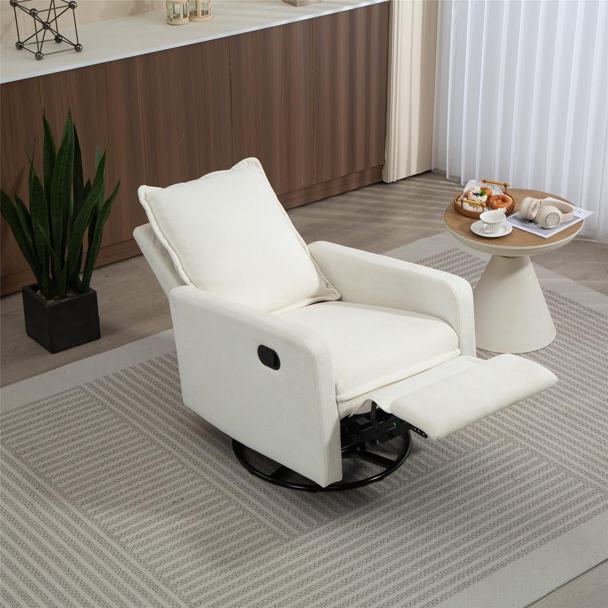 LITVZ Manual Swivel Rocking Recliner for Adults, Small Plush Wall Hugger Reclining RV Chair, 270° Glider Swivel Recliner Chair with Foot Rest for Nursery, Living Room and Small Places (White) LITVZ