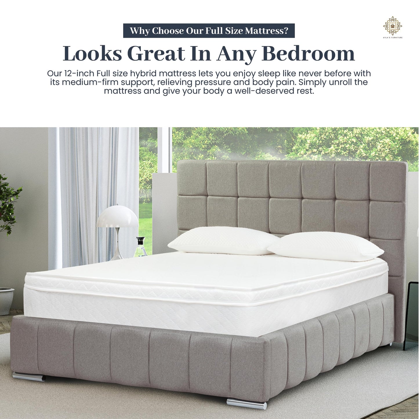 Aylas Furniture Full Size Mattress - 12 Inch Hybrid Mattress Full Size with High Density & Comfort Cold Foam with Continuous Coil Bonnell Springs - Eco-Friendly, Breathable Full Mattress Medium Firm