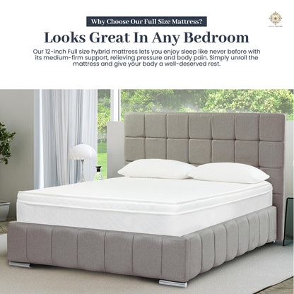 Aylas Furniture Full Size Mattress - 12 Inch Hybrid Mattress Full Size with High Density & Comfort Cold Foam with Continuous Coil Bonnell Springs - Eco-Friendly, Breathable Full Mattress Medium Firm