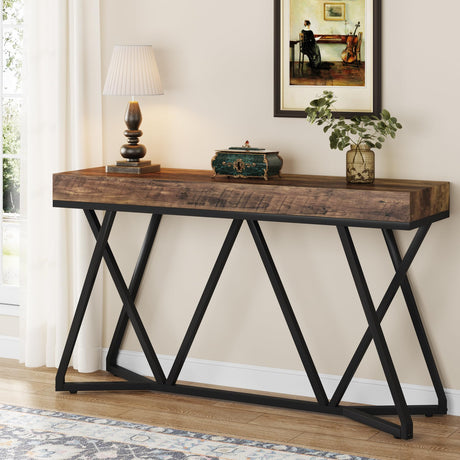 Tribesigns 55 Inch Console Table, Farmhouse Sofa Table Wood Entryway Table with Unique Metal Base, Behind The Couch Table Foyer Table, Industrial Accent Table for Hallway, Living Room, Rustic Brown Tribesigns