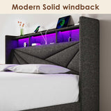 Driftalia LED Full Size Bed Frame with 2 Storage Drawers, Upholstered Full Bed Frame with Headboard and Charging Station, No Box Spring Needed, Easy to Assembly-Dark Grey Driftalia