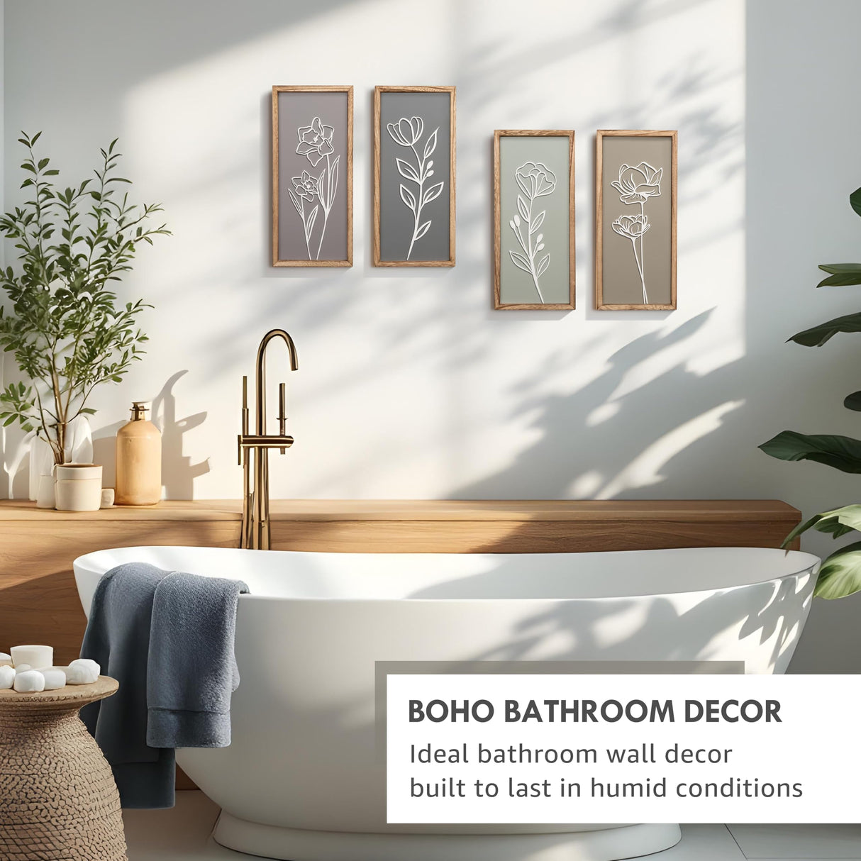 3D Wooden Floral Bathroom Wall Decor (Set of 4) Lightweight, Ready-to-Hang Framed Wall Art For Living Room, Bedroom, or Office - Premium Boho Botanical Farmhouse Decorations - Gift-Boxed Tide and Tales
