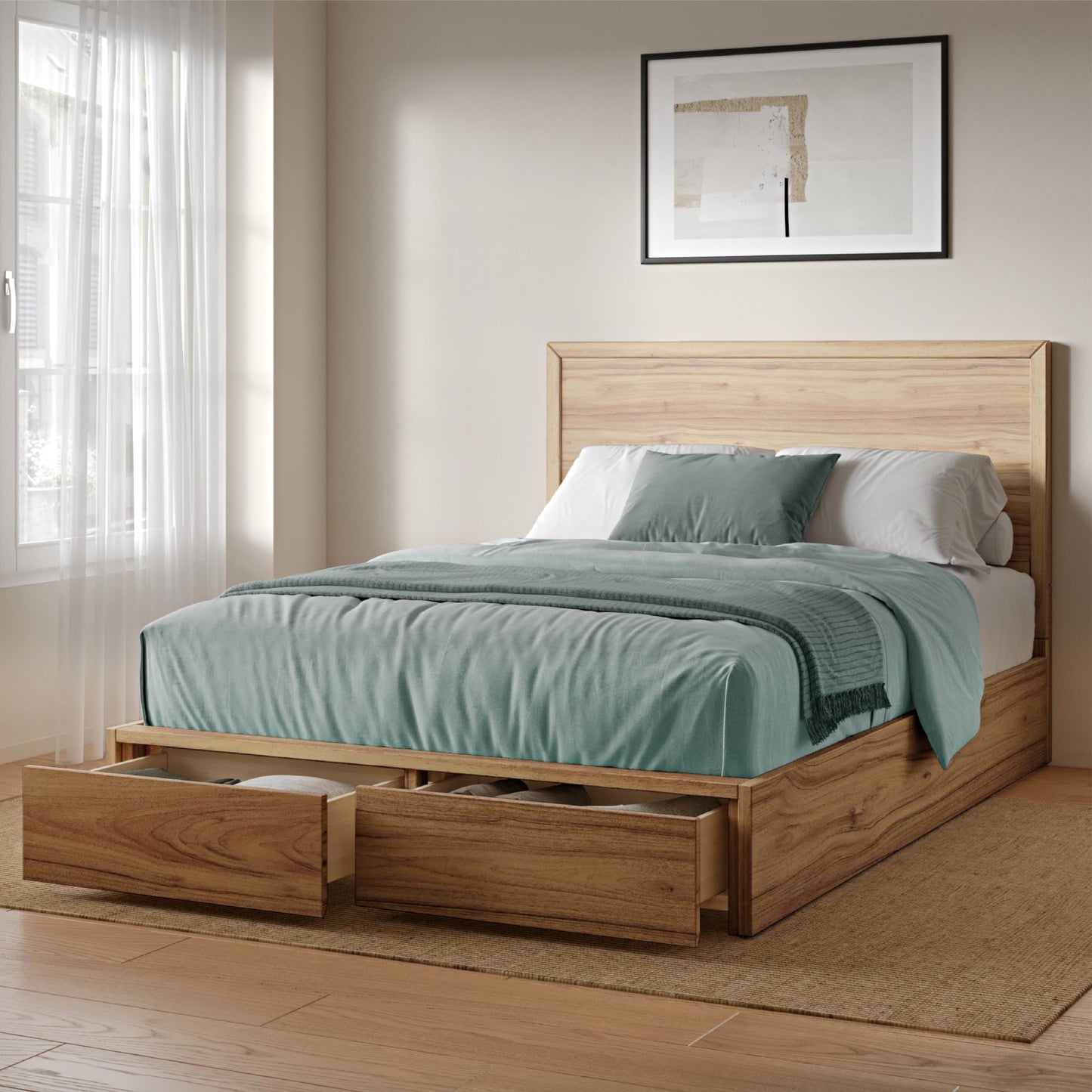 DG Casa Colten Queen Storage Bed with Headboard – Natural Oak Queen Size Wooden Bed Frame with Storage Drawers and Full Wooden Slats – Box Spring Not