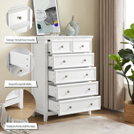 Ball & Cast Farmhouse 6 Drawer Dresser, Chest of Drawers with Vintage Carved Flower Handle and Wood Grain Tabletop, Anti-Tipping Design,31.5" Wide Storage Organizer for Bedroom, Living Room,White Ball & Cast
