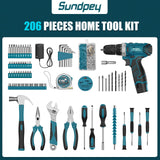 Sundpey Tool Kit 206PCs with Drill - 12V Cordless Power Drill Combo Home Tool Set - Portable Basic General Household Toolbox for Men Women for Garden Office House Repair (Screwdriver Set & Pliers Set) Sundpey
