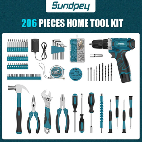 Sundpey Tool Kit 206PCs with Drill - 12V Cordless Power Drill Combo Home Tool Set - Portable Basic General Household Toolbox for Men Women for Garden Office House Repair (Screwdriver Set & Pliers Set) Sundpey