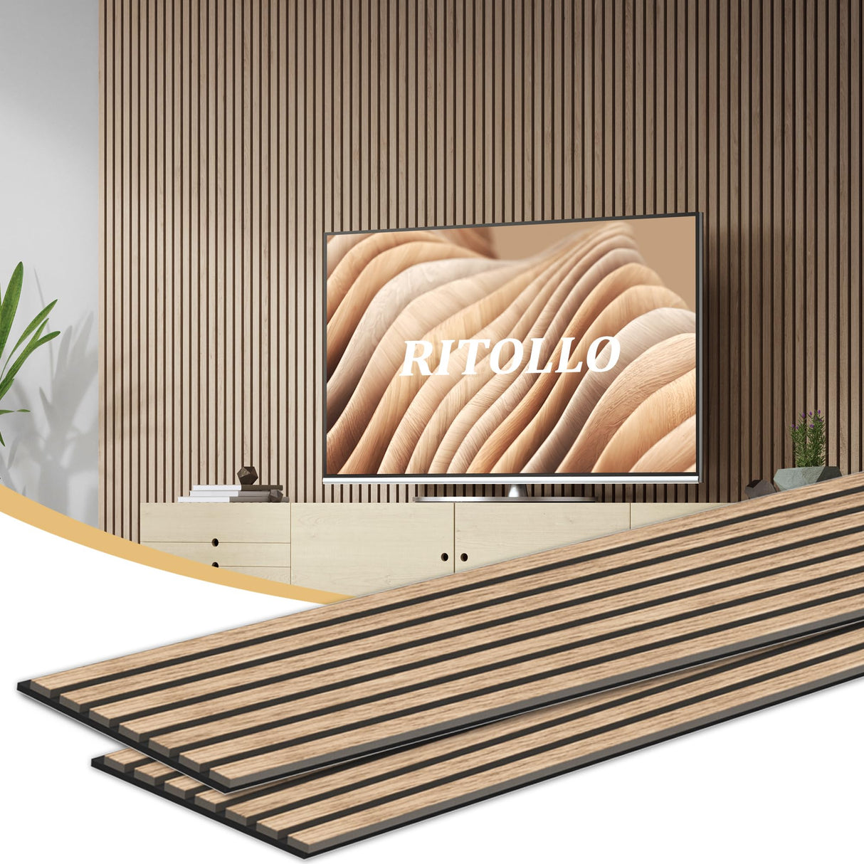Ritollo Wood Panels for Wall and Ceiling, 94.5"×11" Wall Panels for Interior Wall Decor, 3D Wood Slat Wall Panel/Fluted Sound Absorbing Panel - RITOLLO
