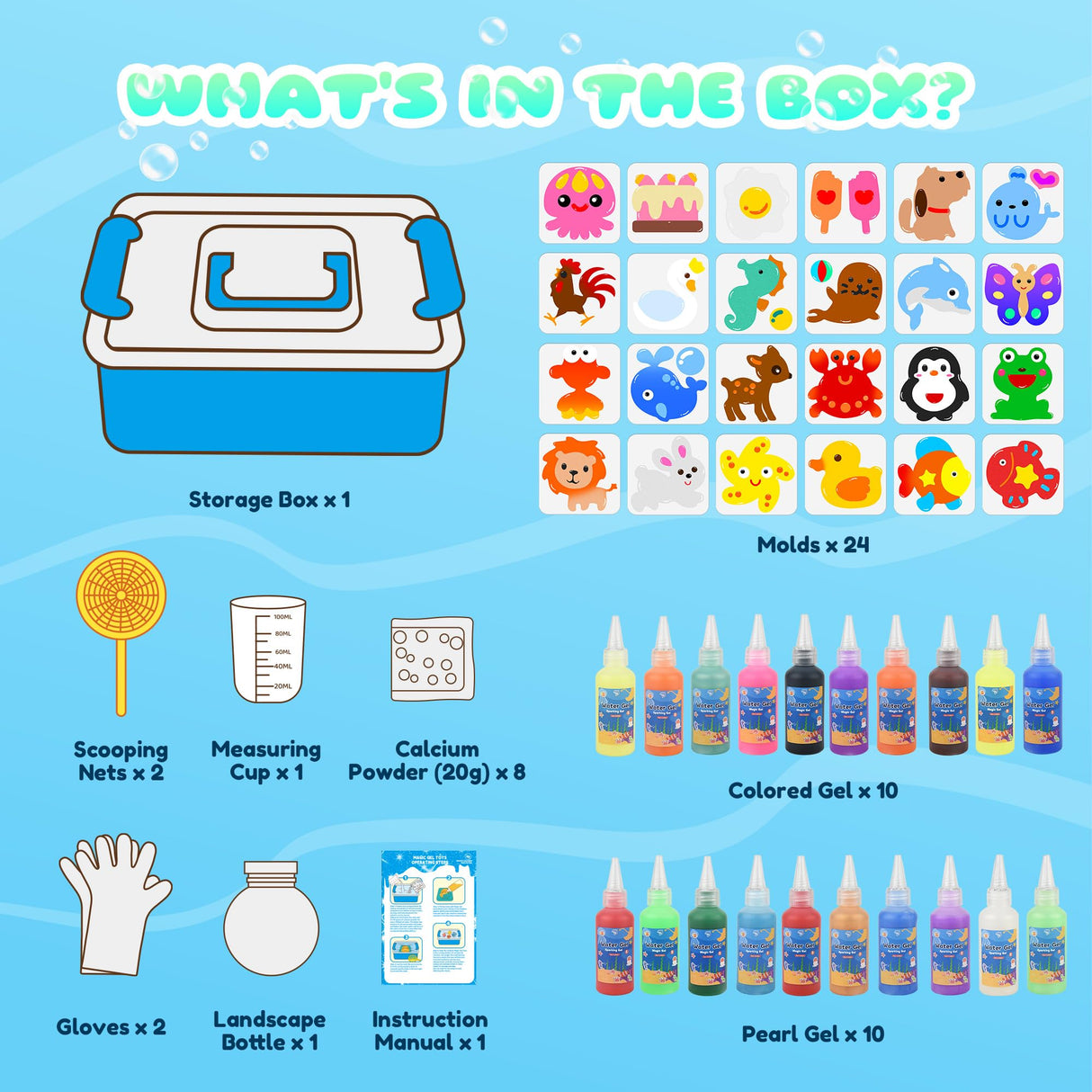 Magic Water Elf Toy Kit, Waters Pets, Aqua Fairy Water Gel Kit with 20 Magic Gels & 24 Shape Molds, DIY Squishy Maker, Summer Activities for Kids，Make Your Own Squishies Toys Crafts for Boys & Girls Nicella
