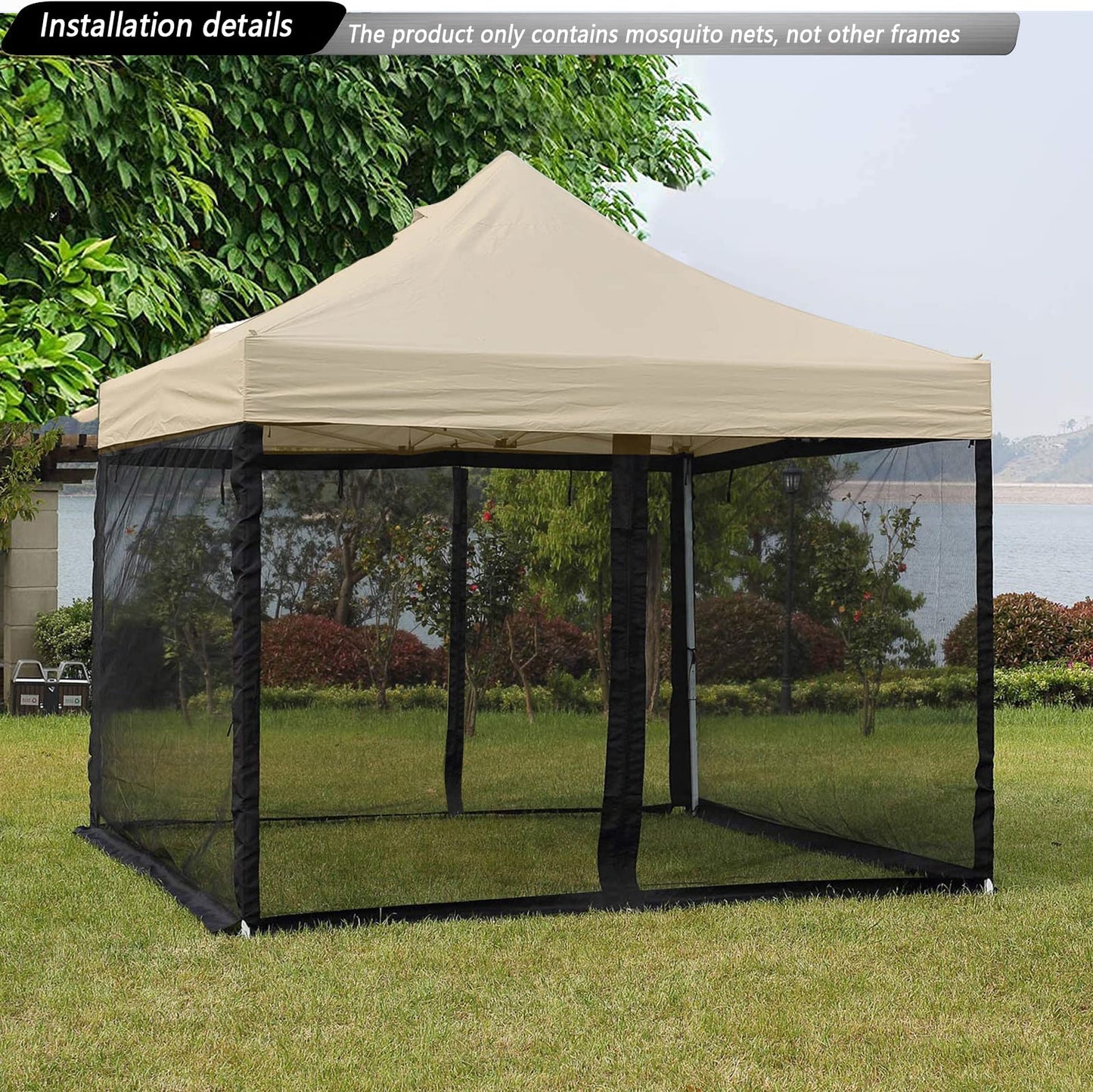 10x10 Mosquito Netting for Patio Camping Gazebo/Pop Up Canopy Tent,Double Door Side Screen Easy Installation Black（Only Mosquito Net No Frame） (Embedded 10x10)