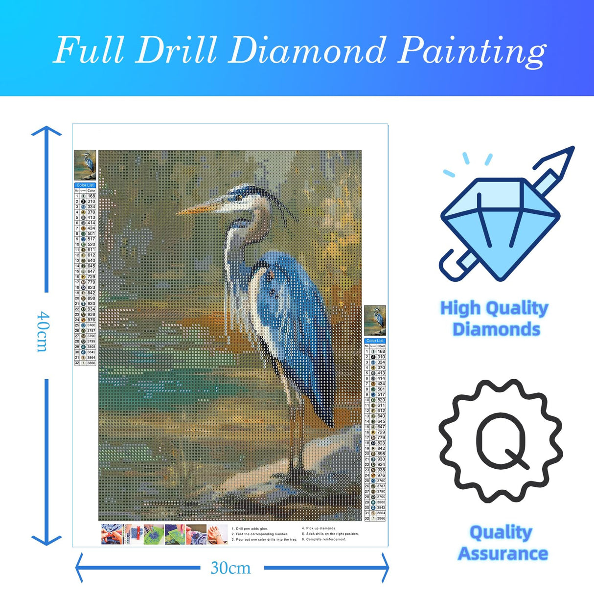 CDYCNXZ Blue Heron Diamond Art Kit for Adults, Nature Wildlife Animal Diamond Painting for Beginners, Bird Round Gemstone Artwork Home Wall Decoration 12x16 inch CDYCNXZ