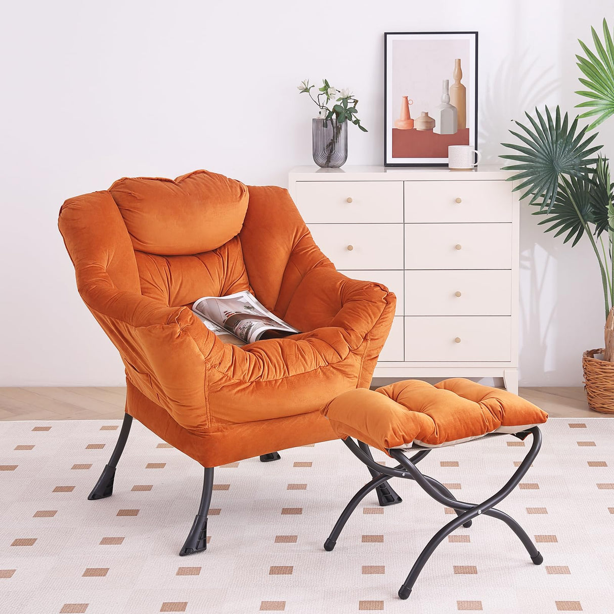 Furlide Lazy Chair with Ottoman, Modern Chair with Folding Footrest, Lounge Accent Chair, Comfortable Reading Chair, Oversized Armchairs for Bedroom, Study, Living Room, Courtyard (Velvet Orange) Furlide