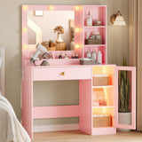 Vanity Desk with Mirror and Lights, Small Makeup Vanity Table with RGB Storage Cabinet & Power Strips & Shelves, 3 Lighting Modes & Adjustable Brightness, Dressing Table for Women Girls Bedroom, Pink Xixini