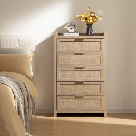 SICOTAS Dresser for Bedroom Chest of Drawers 46" Tall Dresser for Closet with 5 Rattan Drawers Boho Night Stand Large Clothes Storage Cabinet for Living Room Hallway Nursery Entryway SICOTAS